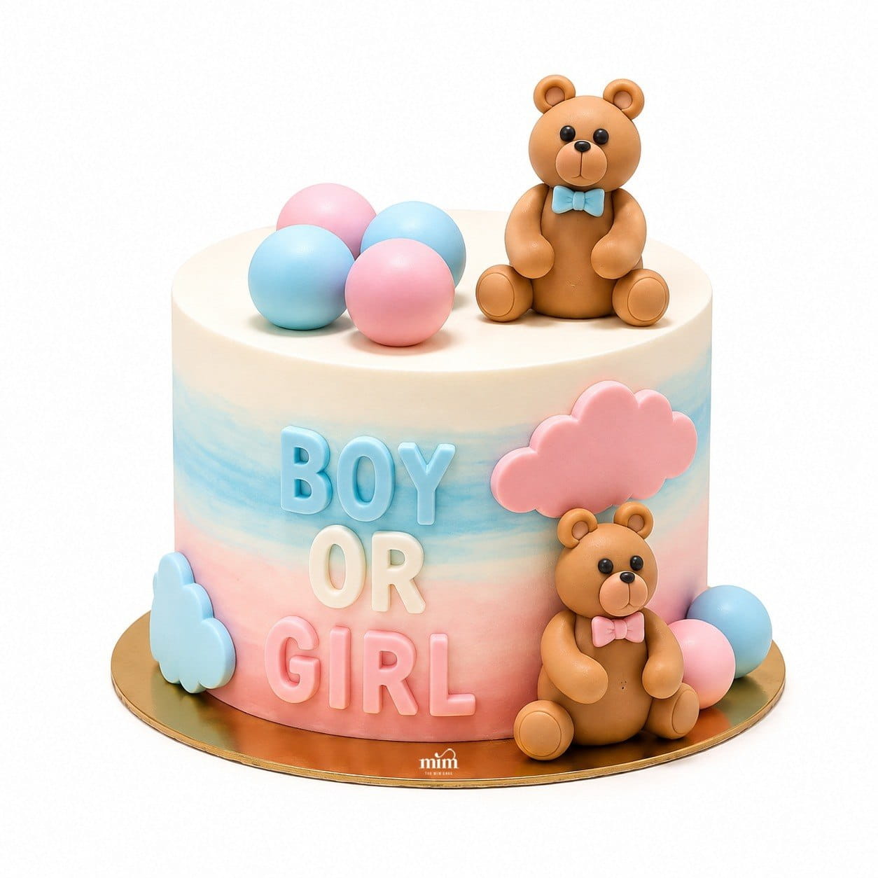 Boy or Girl Gender Reveal Cake 💙🩷 A charming gender reveal cake with a soft blue and pink gradient design, featuring cute teddy bears, pastel clouds, and playful details to celebrate a special surprise moment. 670 Boy or Girl Gender Reveal Cake 💙🩷 - Image 1