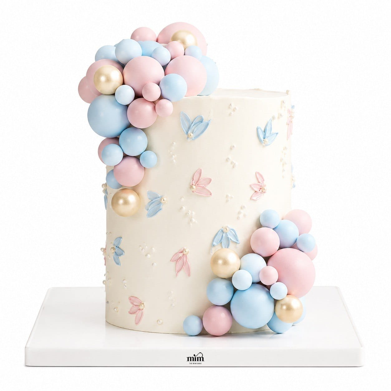 Pastel Butterfly Gender Reveal Cake 🦋💙🩷 A luxurious gender reveal cake with an elegant ivory finish, delicate pastel butterfly details, and beautiful pink and blue balloon-style decorations for a dreamy celebration. 700 Pastel Butterfly Gender Reveal Cake 🦋💙🩷 - Image 1