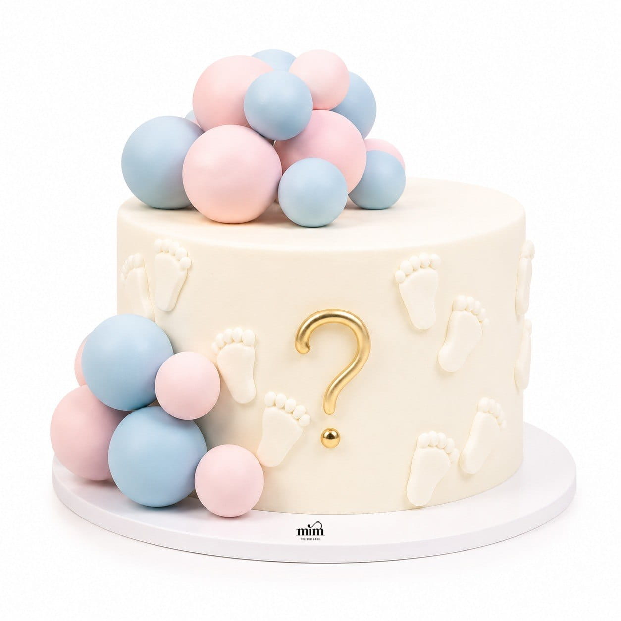 Pastel Baby Footprint Gender Reveal Cake 💙🩷 A modern gender reveal cake with a smooth ivory finish, delicate baby footprint details, a golden question mark, and soft pastel pink and blue decorations for a beautiful surprise celebration. 620 Pastel Baby Footprint Gender Reveal Cake 💙🩷 - Image 1