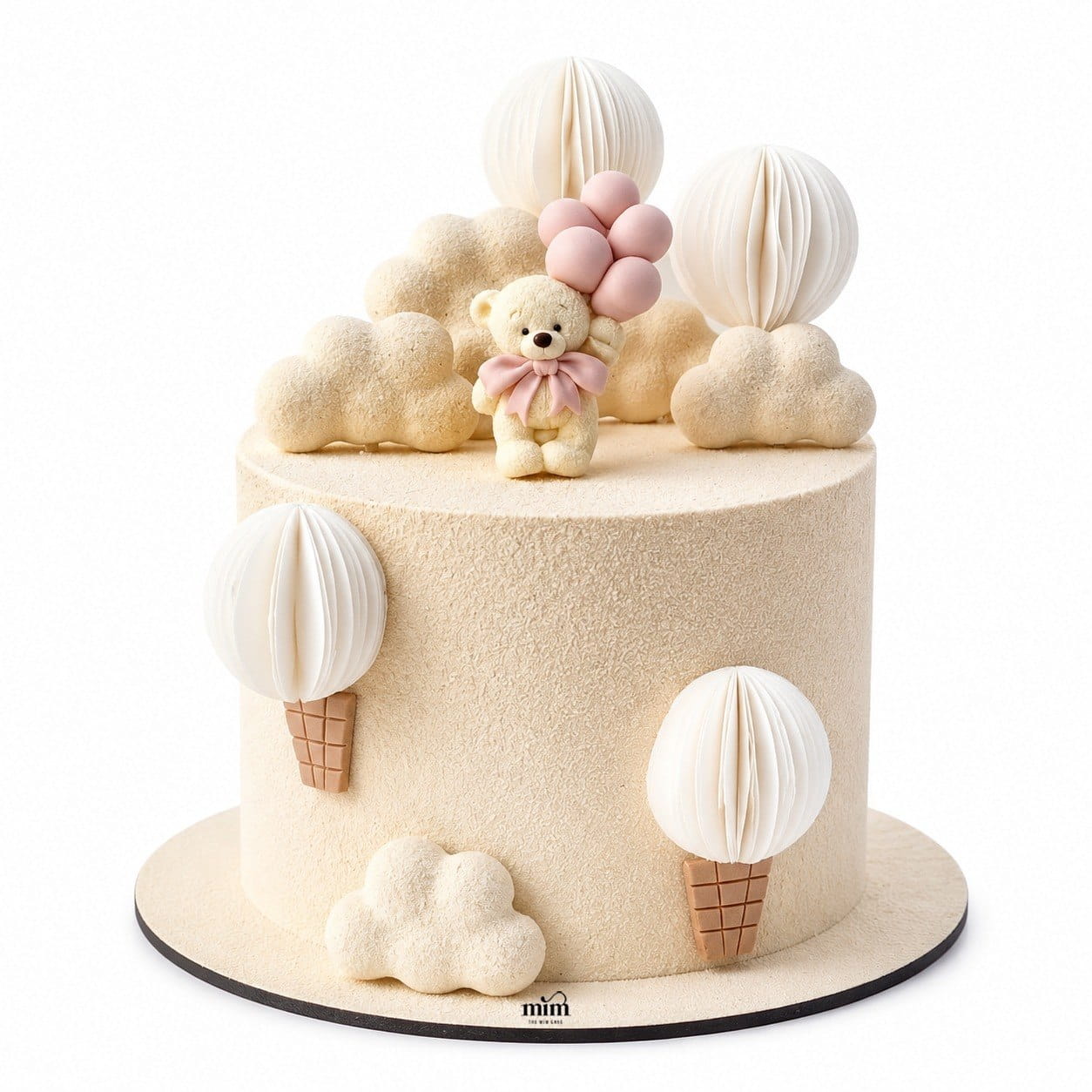 Teddy Bear Baby Shower Cake 🧸☁️ A luxurious baby shower cake with a soft beige textured finish, featuring a cute teddy bear, delicate clouds, pastel balloons, and elegant ice cream cone details for a dreamy celebration. 670 Teddy Bear Baby Shower Cake 🧸☁️ - Image 1